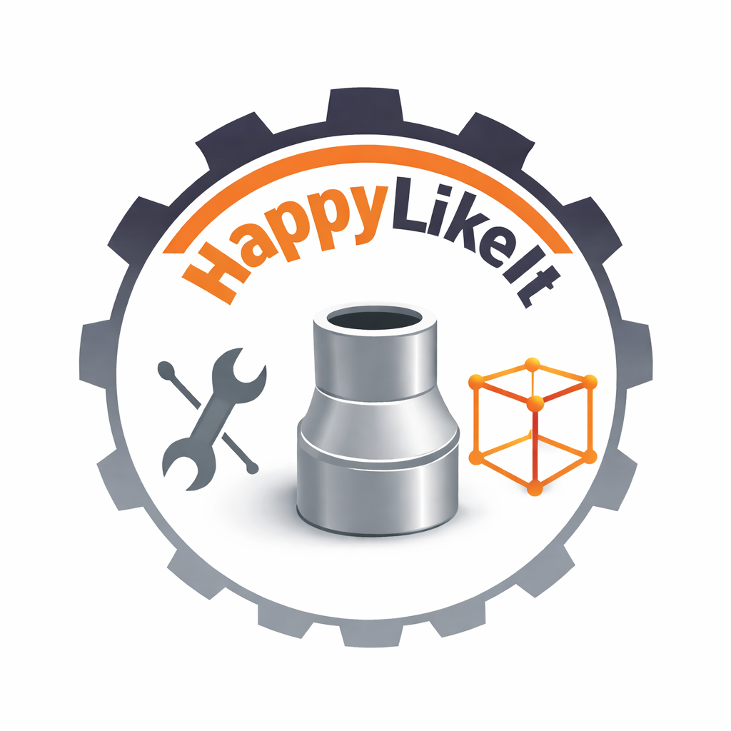 HappyLikeIt gear logo with tools, a metal part, and an orange wireframe cube
