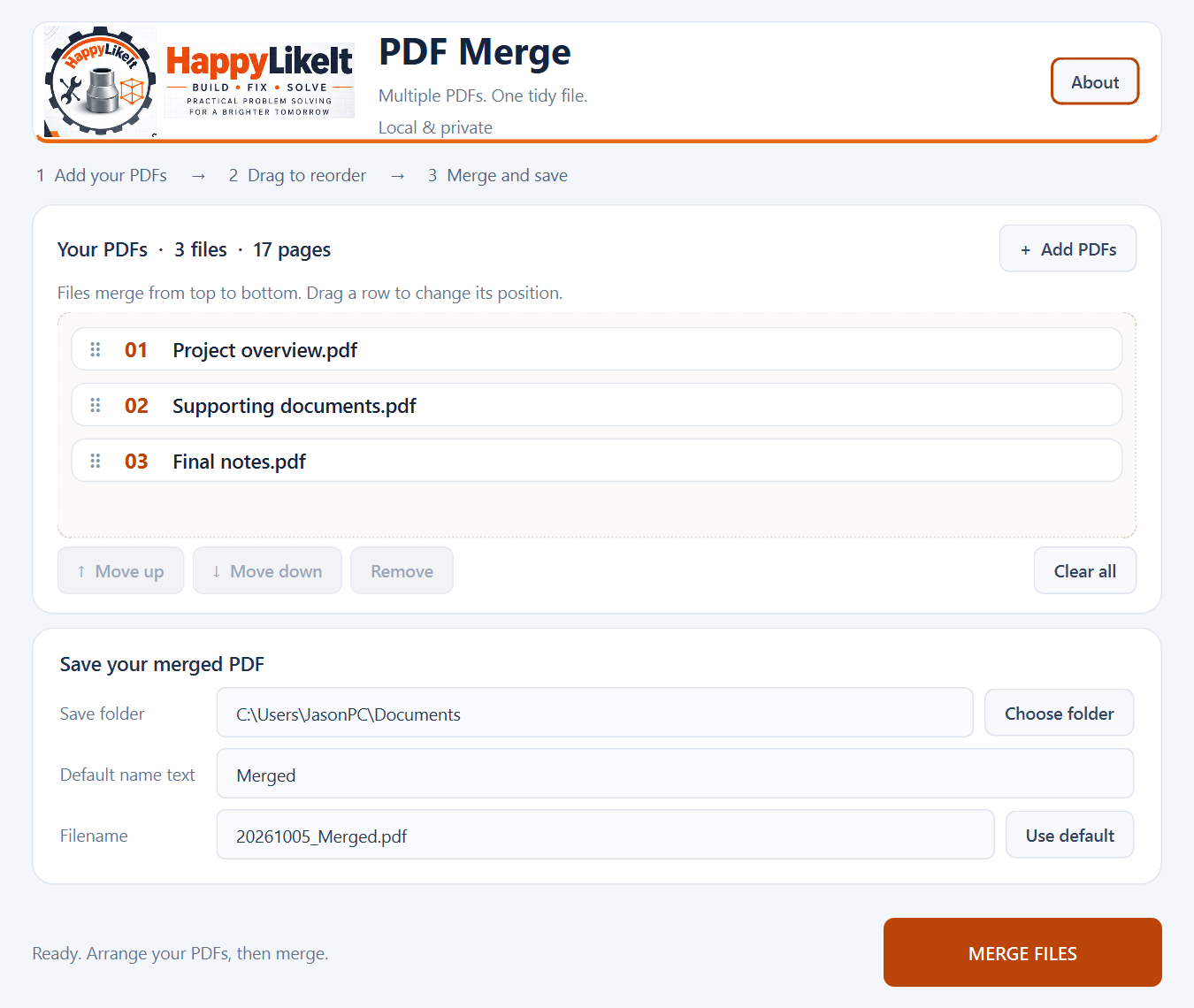 PDF Merge desktop app showing PDF files ready to combine